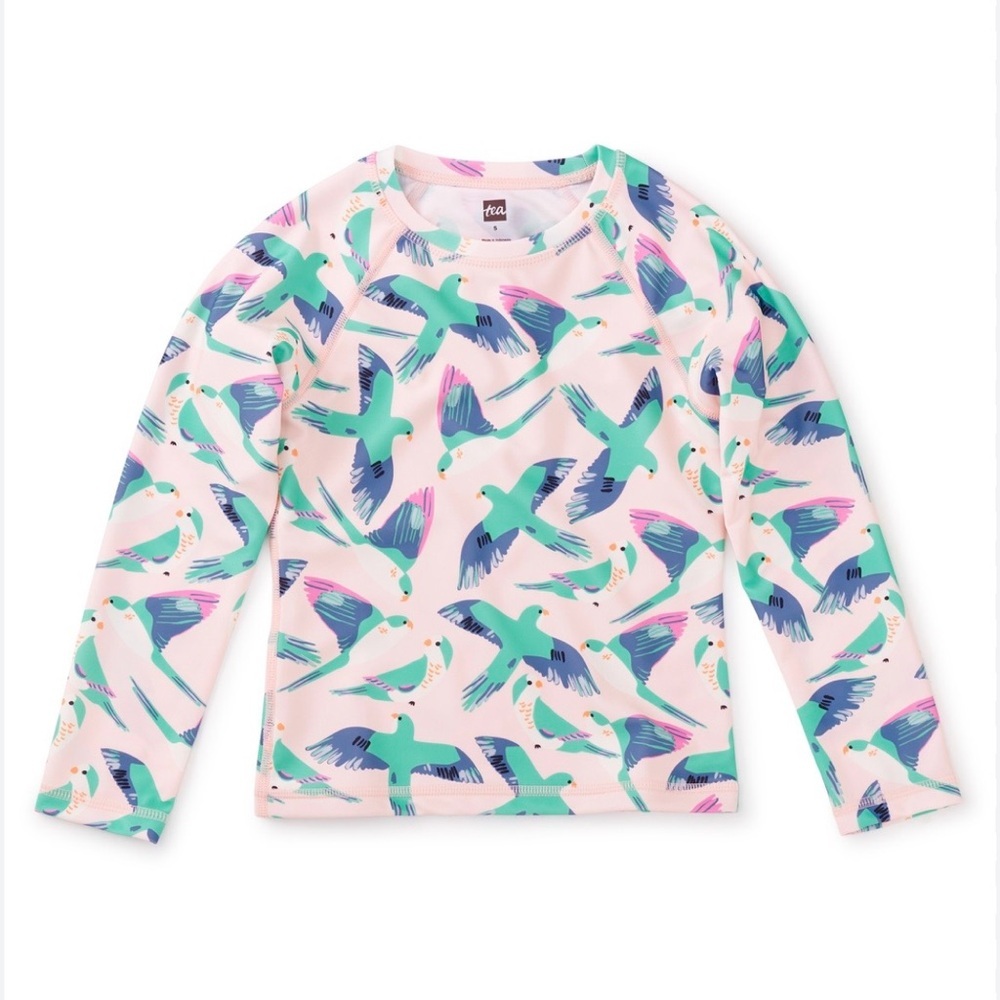 Tea Collection Bird Print Crew Neck Fitted Long Sleeve Rash Guard Shirt Girl 12